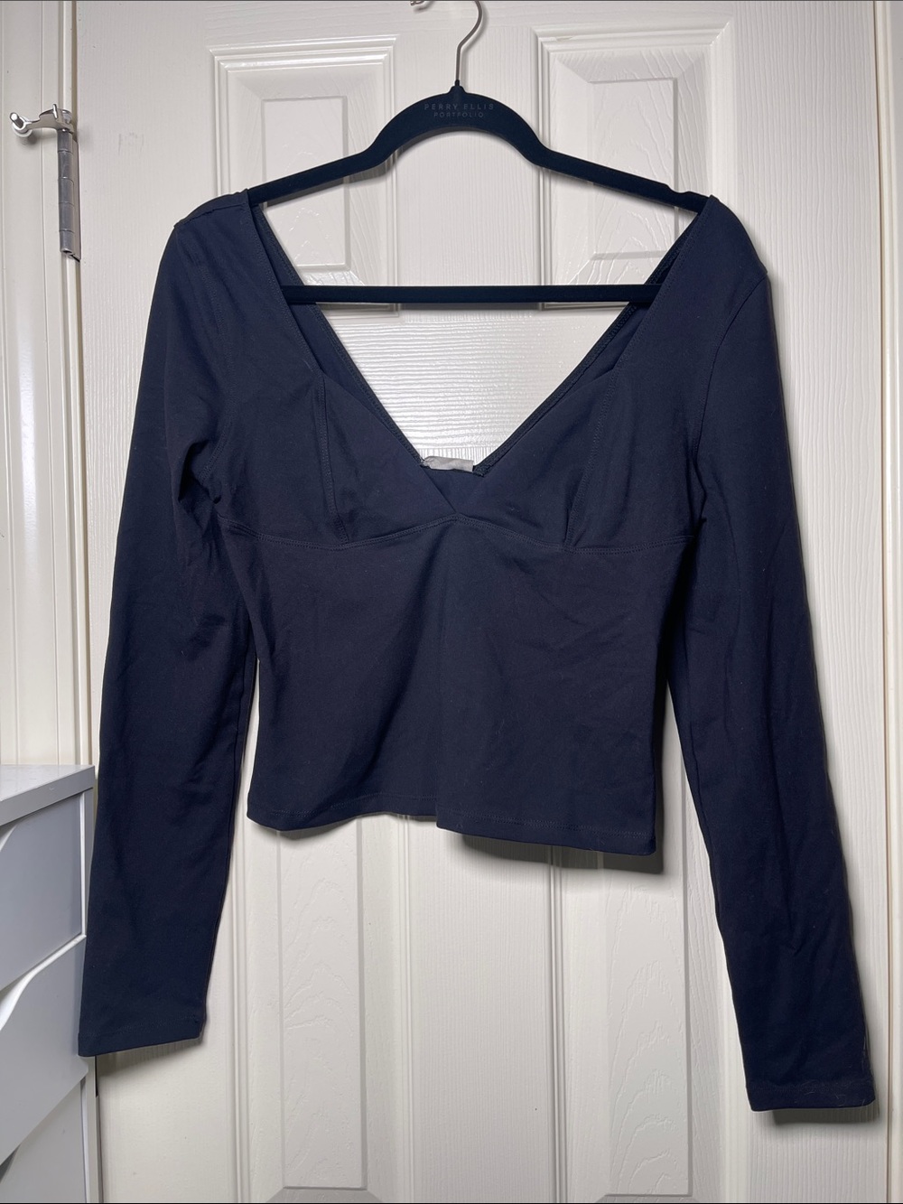 Deep V-Neck Long Sleeve Tee in Black